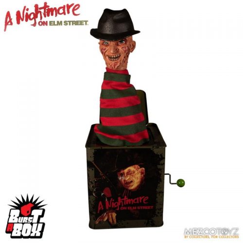 Mezco’s Burst-A-Box is a pop culture infused twist on one of the most beloved, classic toys, the jack-in-the-box. The A Nightmare on Elm Street Burst-A-Box features Freddy Krueger – the dream-haunting Elm Street slasher. This fully functioning jack-in-the-box is approximately 14” tall when “popped”. The Burst-A-Box features a detailed head sculpt and a clothed spring body, all encased in a tin music box. Designed after his appearance in the film, Freddy features a devilish grin and wears his infamous striped sweater with a removable fedora that he can wear when popped out of his tin. Burst-A-Box A Nightmare on Elm Street: Freddy Krueger comes packaged popped-out of his tin and perfect for display in a collector-friendly window box.